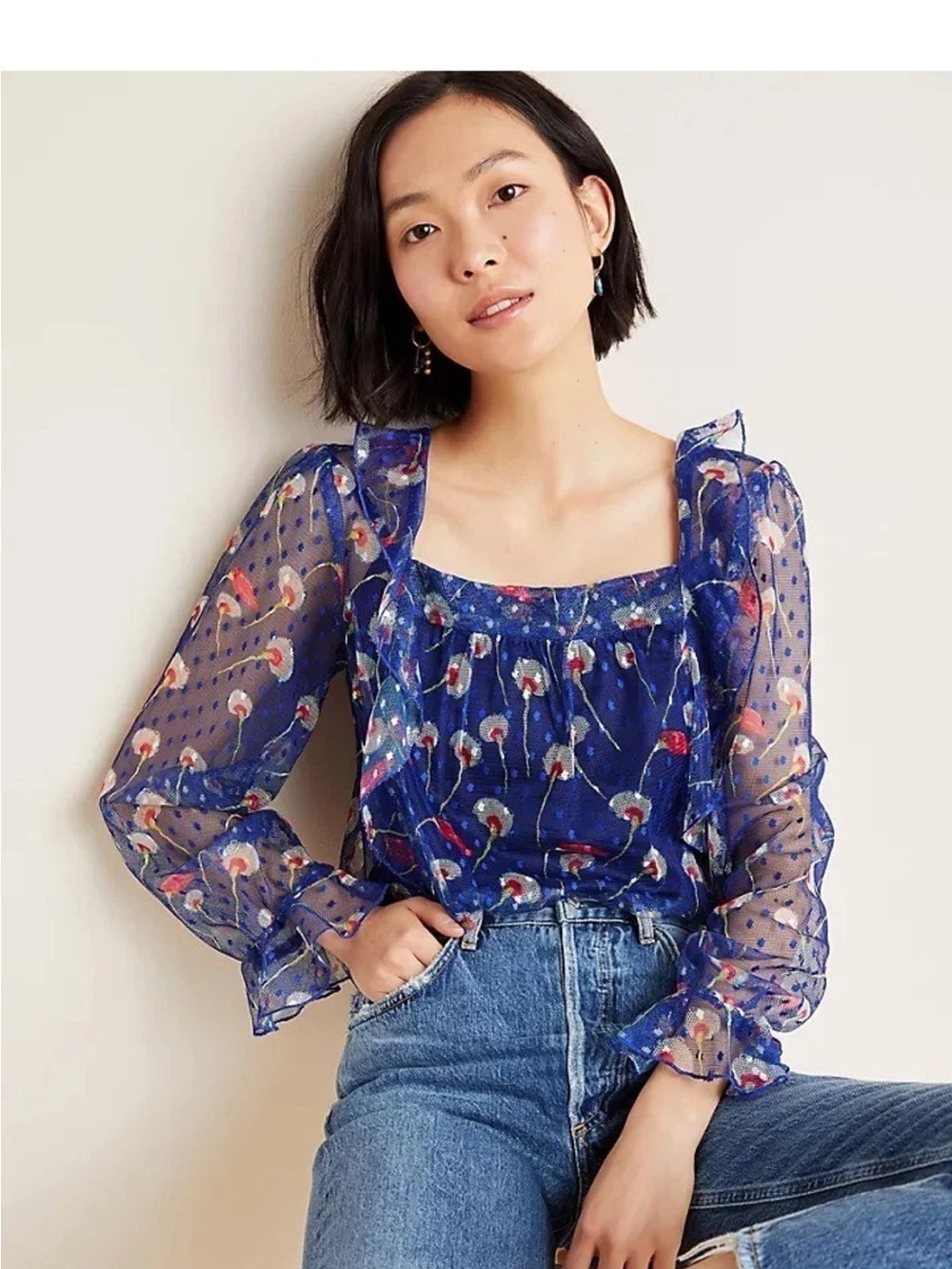 Anthropologie Royal Blue Sheer Floral Square-Neck Blouse. Brand is Eva Franco.